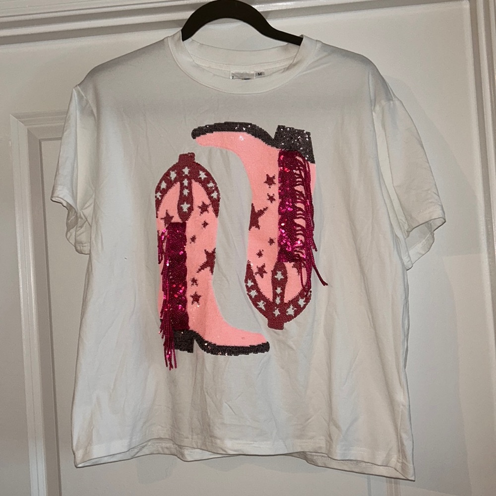 Queen of Sparkles Pink Sequin Cowgirl Boot shirt